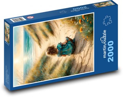 Dítě sedící na pláži u moře - Puzzle 2000 dílků, rozměr 90x60 cm