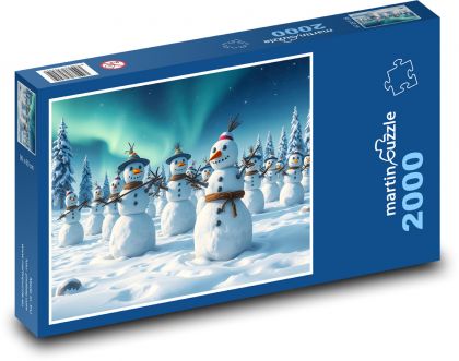 Sněhuláci v lese s polární září - puzzle 2000 dílků