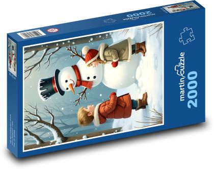 Deti so snehuliakom v lese - Puzzle 2000 dielikov, rozmer 90x60 cm 
