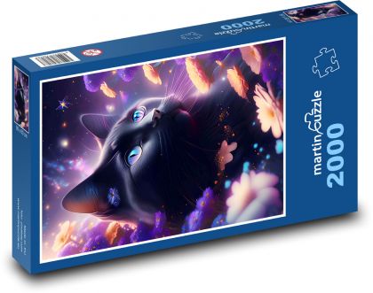 Černá kočka a květiny - puzzle 2000 dílků