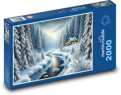 Zamarznięta rzeka w lesie - Puzzle 2000 elementów, rozmiar 90x60 cm