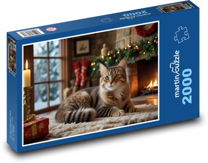 Kočka u krbu o vánocích - puzzle 2000 dílků