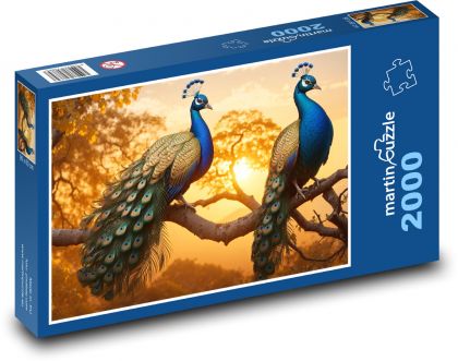 Pawie na drzewie o zachodzie słońca - Puzzle 2000 elementów, rozmiar 90x60 cm