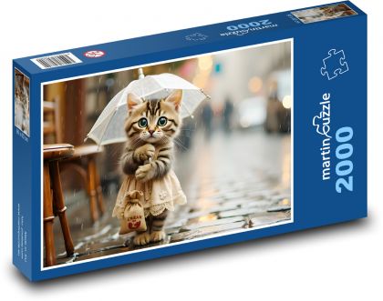 Uroczy kotek w deszczu z parasolem - Puzzle 2000 elementów, rozmiar 90x60 cm