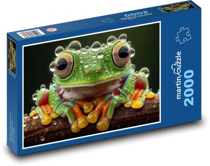 Zelená žába s kapkami vody - Puzzle 2000 dílků, rozměr 90x60 cm
