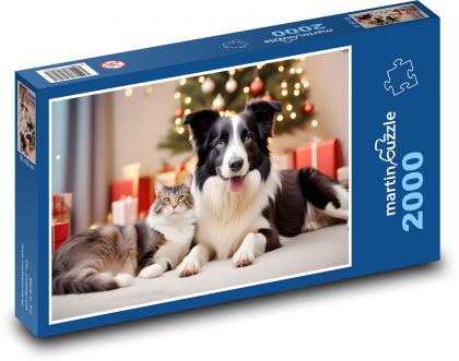Eine Katze und ein Hund am Weihnachtsbaum - Puzzle - 2000 Teile