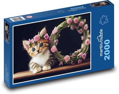 Malá mačka s ružovými kvetmi - Puzzle 2000 dielikov, rozmer 90x60 cm 