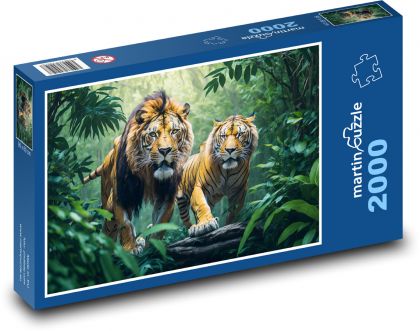 Tiger s levom v džungli - Puzzle 2000 dielikov, rozmer 90x60 cm 