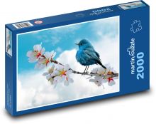 Modrý vták - vetvička, kvety na strome Puzzle 2000 dielikov - 90 x 60 cm