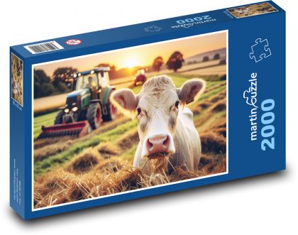 Krowa i ciągnik na polu - Puzzle 2000 elementów, rozmiar 90x60 cm
