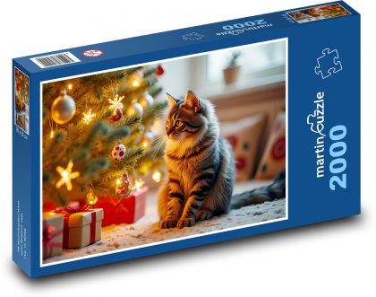 Kočka u vánočního stromu - puzzle 2000 dílků