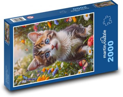 Mačiatko v kvetoch - Puzzle 2000 dielikov, rozmer 90x60 cm 