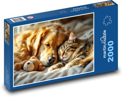 Kočka a pes spí s plyšákem - puzzle 2000 dílků