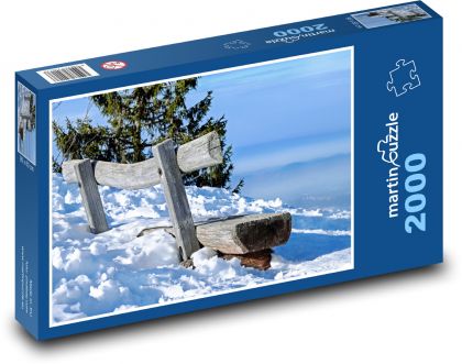 Drewniana ławka pokryta śniegiem - Puzzle 2000 elementów, rozmiar 90x60 cm