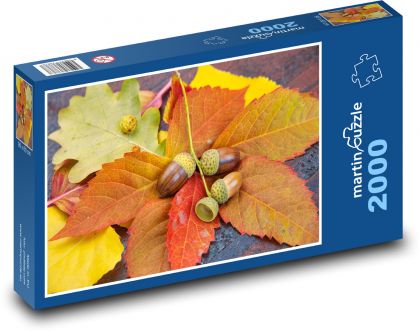 Liście dębu - żołędzie, jesień - Puzzle 2000 elementów, rozmiar 90x60 cm