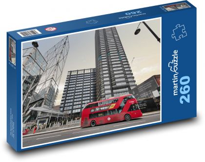 Červený autobus - vysoké budovy - Puzzle 260 dielikov, rozmer 41x28,7 cm