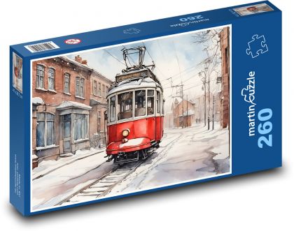 Tramwaj na zaśnieżonej ulicy - Puzzle 260 elementów, rozmiar 41x28,7 cm