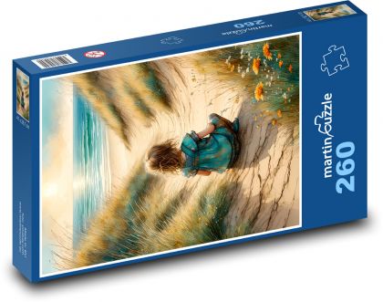Dieťa sedí na pláži pri mori - Puzzle 260 dielikov, rozmer 41x28,7 cm