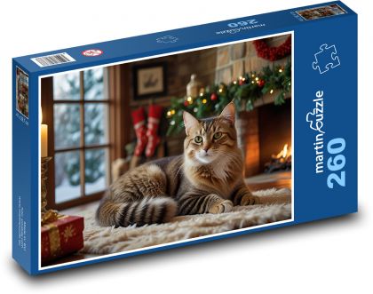Mačka pri krbe na Vianoce - Puzzle 260 dielikov, rozmer 41x28,7 cm