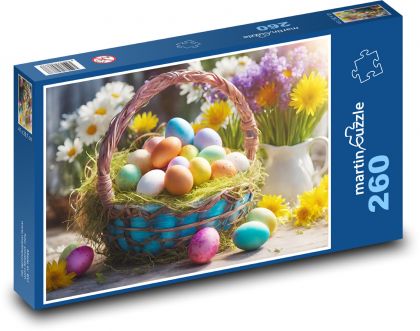 Velikonoční košík s jarními květinami  - puzzle 260 dílků