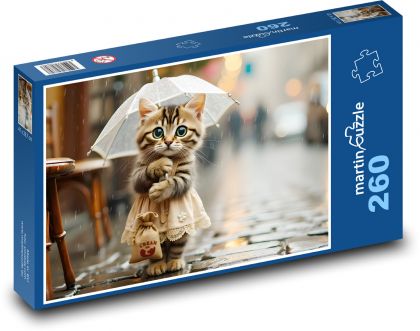 Roztomilé kotě v dešti s deštníkem - puzzle 260 dílků