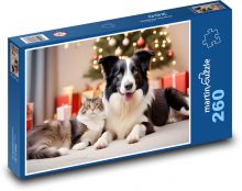 A cat and a dog by the Christmas tree Puzzle 260 pieces - 41 x 28.7 cm