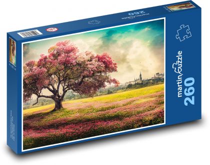 Rozkwitające różowe drzewo poza miastem - Puzzle 260 elementów, rozmiar 41x28,7 cm