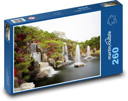 Azalia - wodospad, czerwone kwiaty - Puzzle 260 elementów, rozmiar 41x28,7 cm