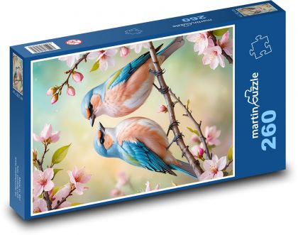 Ptaki na drzewie kwitnącym - Puzzle 260 elementów, rozmiar 41x28,7 cm