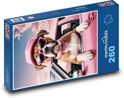 Pies bokserski w różowym samochodzie - Puzzle 260 elementów, rozmiar 41x28,7 cm