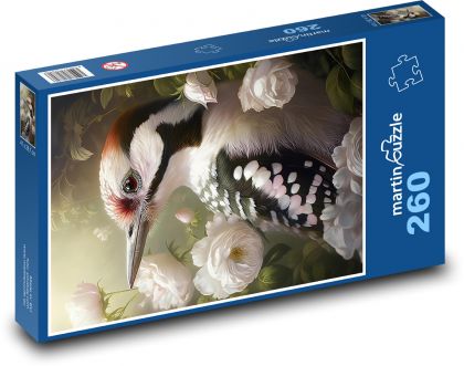 Ďateľ v bielych ružiach - Puzzle 260 dielikov, rozmer 41x28,7 cm