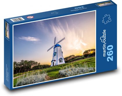 Větrný mlýn při západu slunce - puzzle 260 dílků