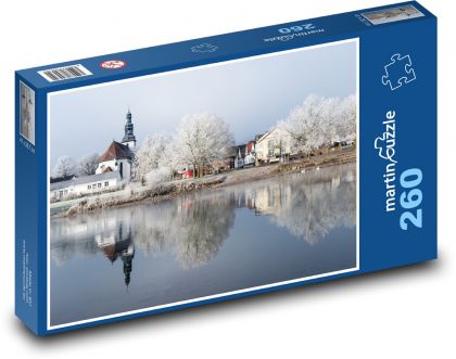 Kościół - jezioro zimą - Puzzle 260 elementów, rozmiar 41x28,7 cm