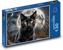 Čierna mačka a žiariaci mesiac Puzzle 130 dielikov - 28,7 x 20 cm 