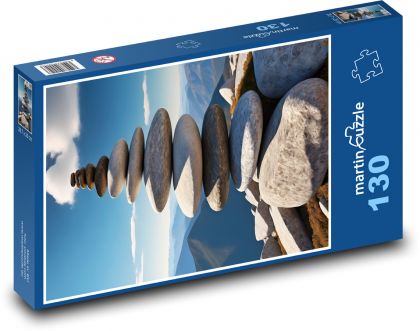 Pyramida z kamenů na pláži - Puzzle 130 dílků, rozměr 28,7x20 cm