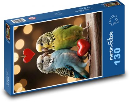 Kochające papużki z sercami - Puzzle 130 elementów, rozmiar 28,7x20 cm