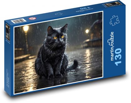 Black cat in the rain on the street - Puzzle 130 pieces, size 28.7x20 cm 