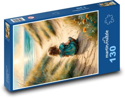 Dítě sedící na pláži u moře - puzzle 130 dílků