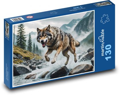 Ein Wolf, der in einem wilden Fluss rennt - Puzzle - 130 Teile