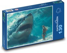 Žena se žralokem v moři Puzzle 130 dílků - 28,7 x 20 cm