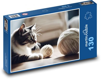 Cat - wool, ball - Puzzle 130 pieces, size 28.7x20 cm 
