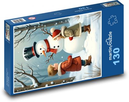 Děti se sněhulákem v lese - puzzle 130 dílků