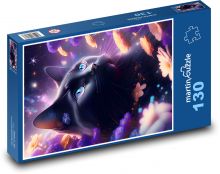 Černá kočka a květiny Puzzle 130 dílků - 28,7 x 20 cm