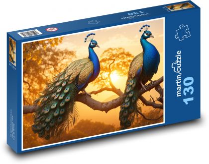Pfauen auf einem Baum bei Sonnenuntergang - Puzzle - 130 Teile