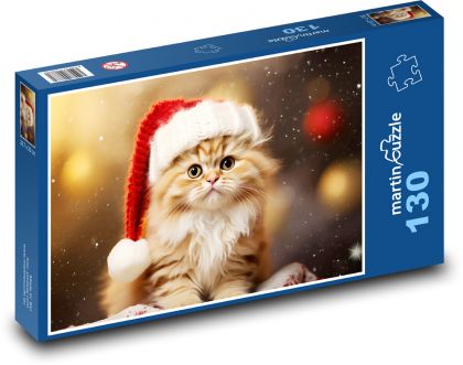 Gritty kitten in a Christmas hat - Puzzle 130 pieces, size 28.7x20 cm 