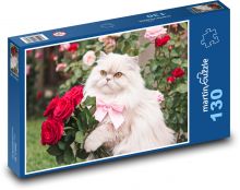 Bílá kočka s kyticí růží k narozeninám Puzzle 130 dílků - 28,7 x 20 cm