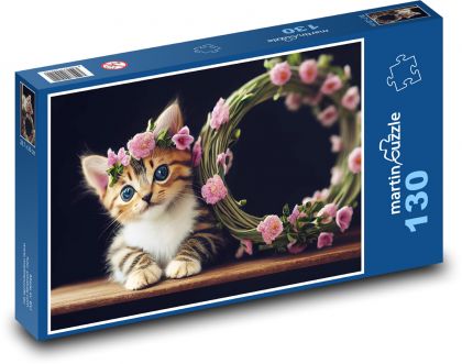 Kleine Katze mit rosa Blüten - Puzzle - 130 Teile
