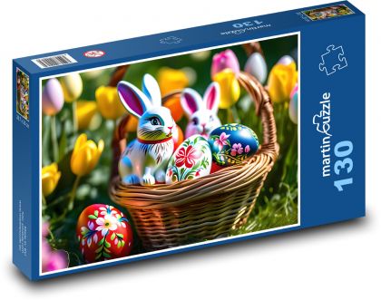 Veľkonočný kôš s veľkonočnými vajíčkami a králikmi - Puzzle 130 dielikov, rozmer 28,7x20 cm 