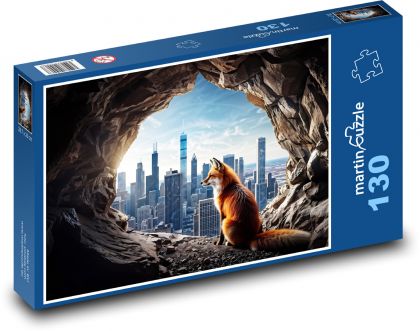 Liška v jeskyni koukající na město - puzzle 130 dílků