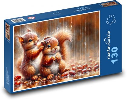 Veveričky v daždi - Puzzle 130 dielikov, rozmer 28,7x20 cm 